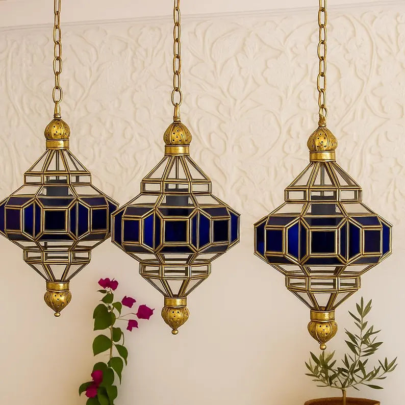 Lanterne en Vitrail Bleu